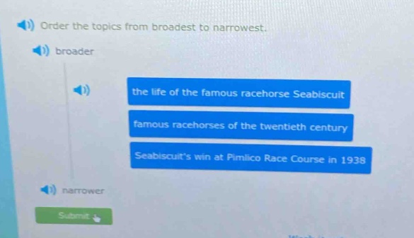 order the topics from broadest to narrowest. broader the life of the famous racehorse seabiscuit famous racehorses of the twentieth century seabiscuits win at pimlico race course in 1938 narrower