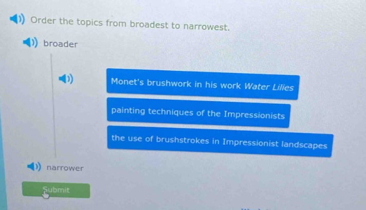 order the topics from broadest to narrowest. broader monets brushwork in his work water lilies painting techniques of the impressionists the use of brushstrokes in impressionist landscapes narrower