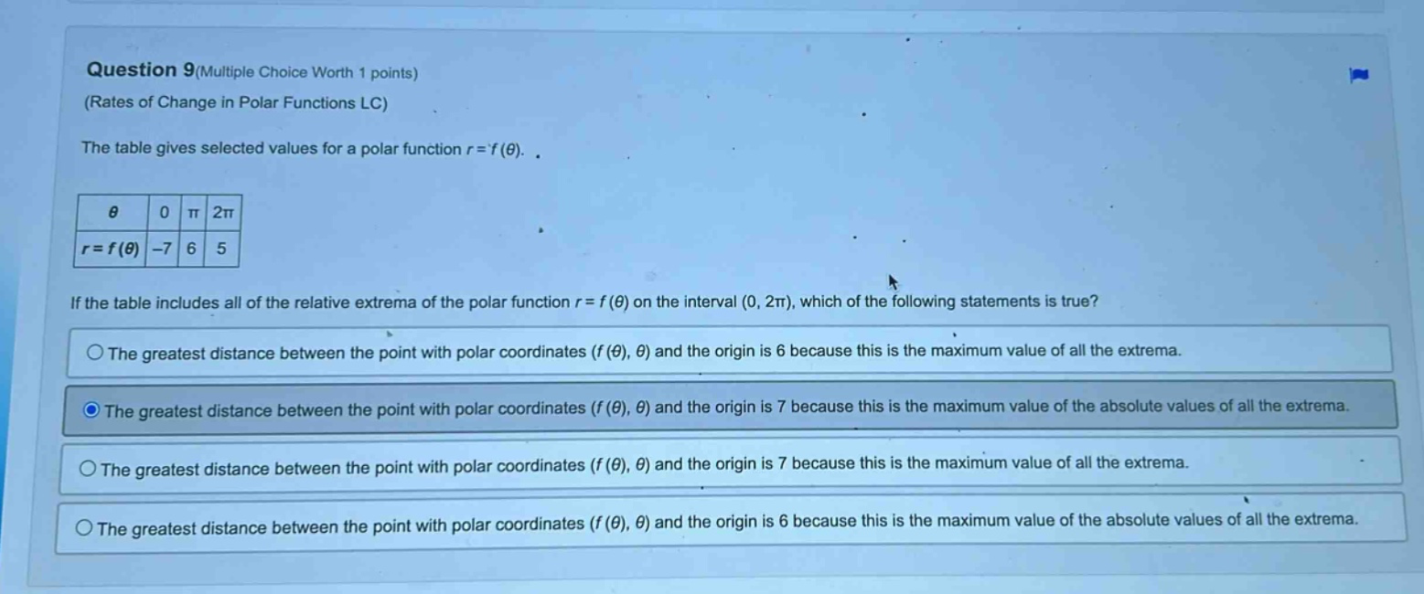 question 9(multiple choice worth 1 points) (rates of change in polar functions lc) the table gives selected values for a polar function r = f(θ). θ 0 π 2π r = f(θ) -7 6 5 if the table includes all of the relative extrema of the polar function r = f(θ) on the interval (0, 2π), which of the following statements is true? the greatest distance between the point with polar coordinates (f(θ), θ) and the origin is 6 because this is the maximum value of all the extrema. the greatest distance between the point with polar coordinates (f(θ), θ) and the origin is 7 because this is the maximum value of the absolute values of all the extrema. the greatest distance between the point with polar coordinates (f(θ), θ) and the origin is 7 because this is the maximum value of all the extrema. the greatest distance between the point with polar coordinates (f(θ), θ) and the origin is 6 because this is the maximum value of the absolute values of all the extrema.