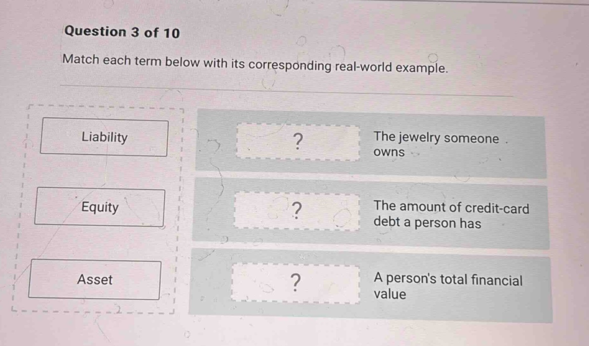 question 3 of 10 match each term below with its corresponding real - world example. liability? the jewelry someone owns equity? the amount of credit - card debt a person has asset? a persons total financial value