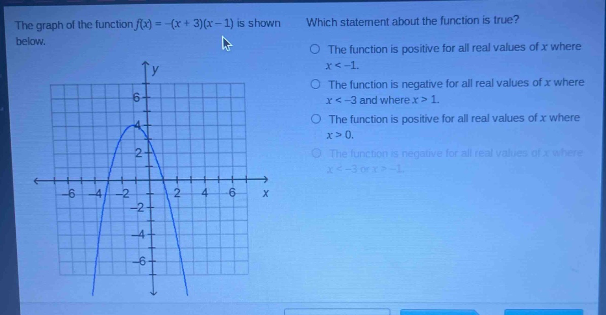 the graph of the function f(x)=-(x + 3)(x - 1) is shown below. which statement about the function is true? the function is positive for all real values of x where x < -1. the function is negative for all real values of x where x < -3 and where x > 1. the function is positive for all real values of x where x > 0. the function is negative for all real values of x where x < -3 or x > -1.