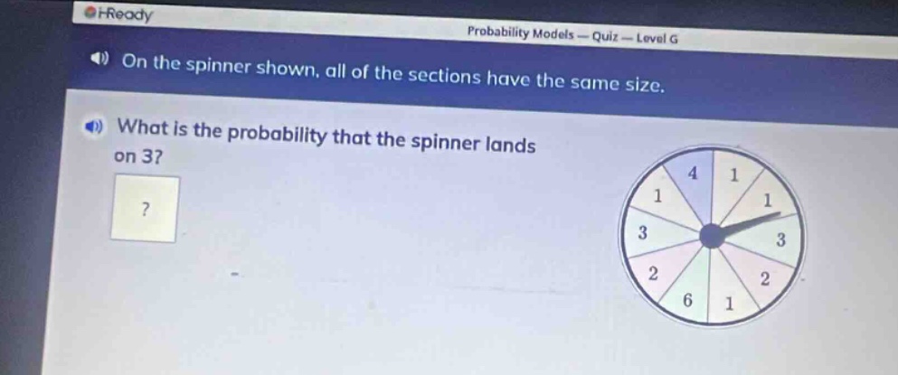 on the spinner shown, all of the sections have the same size. what is the probability that the spinner lands on 3?