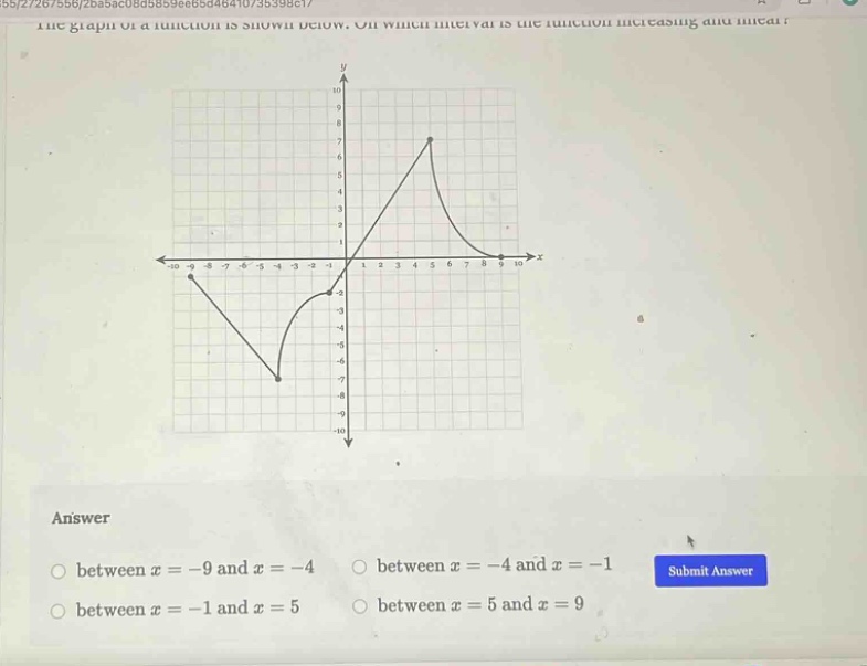 the graph of a function is shown below. on which interval is the function increasing and linear? answer between x = -9 and x = -4 between x = -4 and x = -1 between x = -1 and x = 5 between x = 5 and x = 9