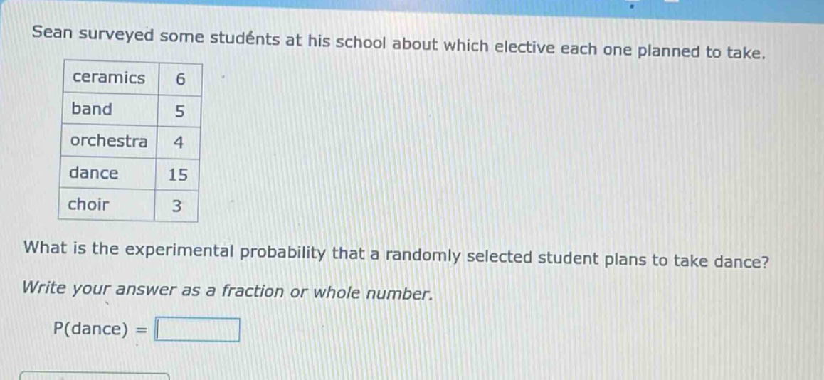 sean surveyed some students at his school about which elective each one planned to take. ceramics 6 band 5 orchestra 4 dance 15 choir 3 what is the experimental probability that a randomly selected student plans to take dance? write your answer as a fraction or whole number. p(dance) =