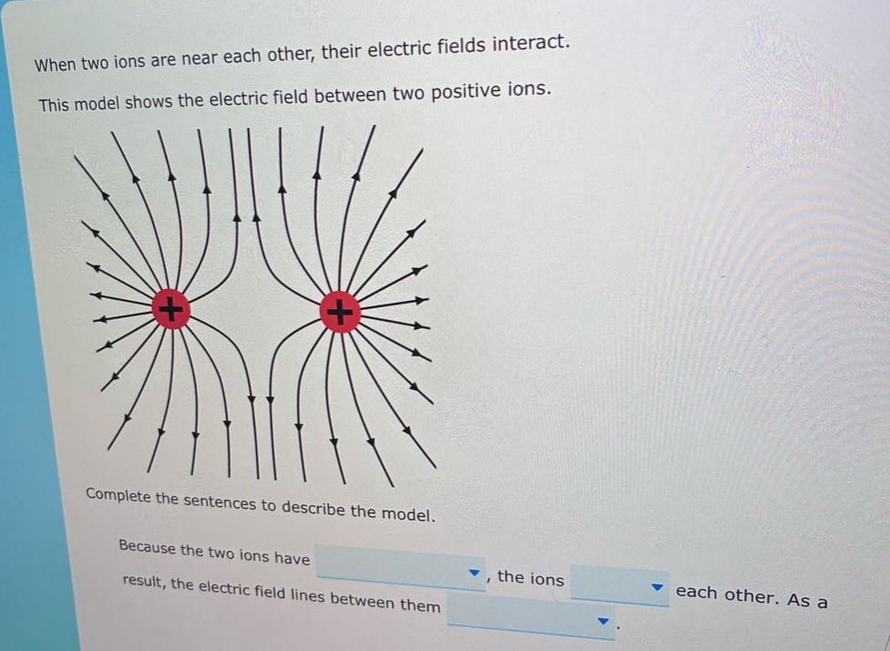 when two ions are near each other, their electric fields interact. this model shows the electric field between two positive ions. complete the sentences to describe the model. because the two ions have , the ions each other. as a result, the electric field lines between them .
