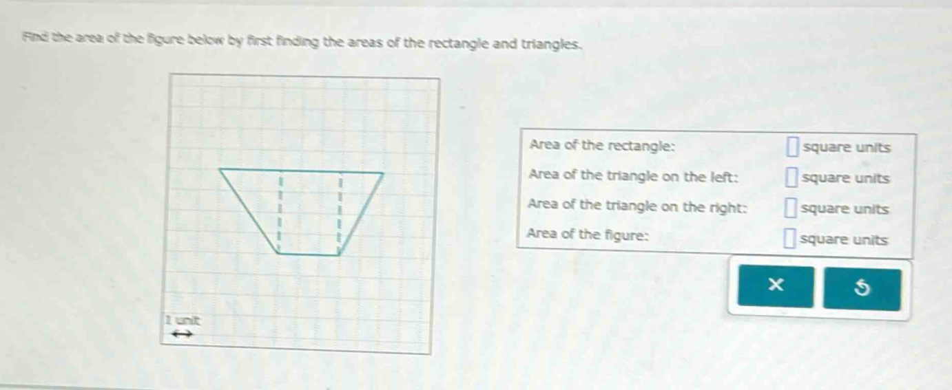 find the area of the figure below by first finding the areas of the rectangle and triangles. area of the rectangle: square units area of the triangle on the left: square units area of the triangle on the right: square units area of the figure: square units