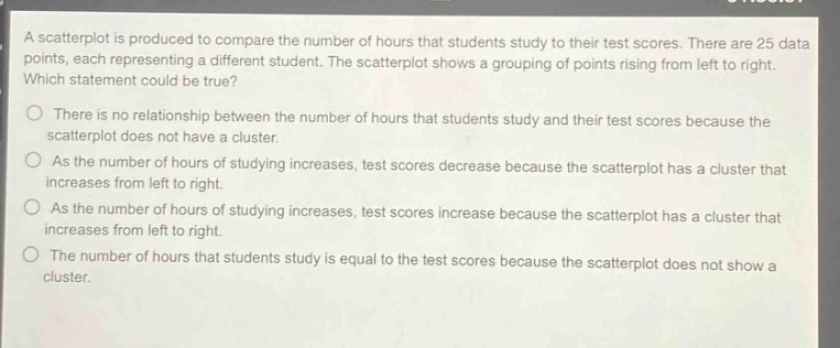 a scatterplot is produced to compare the number of hours that students study to their test scores. there are 25 data points, each representing a different student. the scatterplot shows a grouping of points rising from left to right. which statement could be true? there is no relationship between the number of hours that students study and their test scores because the scatterplot does not have a cluster. as the number of hours of studying increases, test scores decrease because the scatterplot has a cluster that increases from left to right. as the number of hours of studying increases, test scores increase because the scatterplot has a cluster that increases from left to right. the number of hours that students study is equal to the test scores because the scatterplot does not show a cluster.