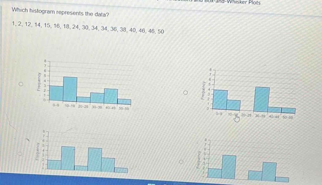which histogram represents the data? 1, 2, 12, 14, 15, 16, 18, 24, 30, 34, 34, 36, 38, 40, 46, 46, 50