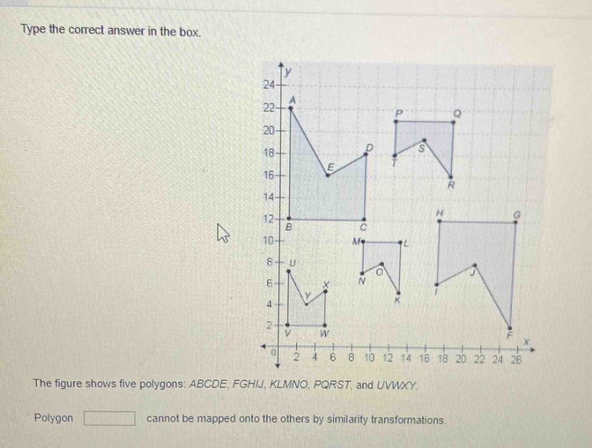 type the correct answer in the box. the figure shows five polygons: abcde, fghij, klmno, pqrst, and uvwxy. polygon cannot be mapped onto the others by similarity transformations.