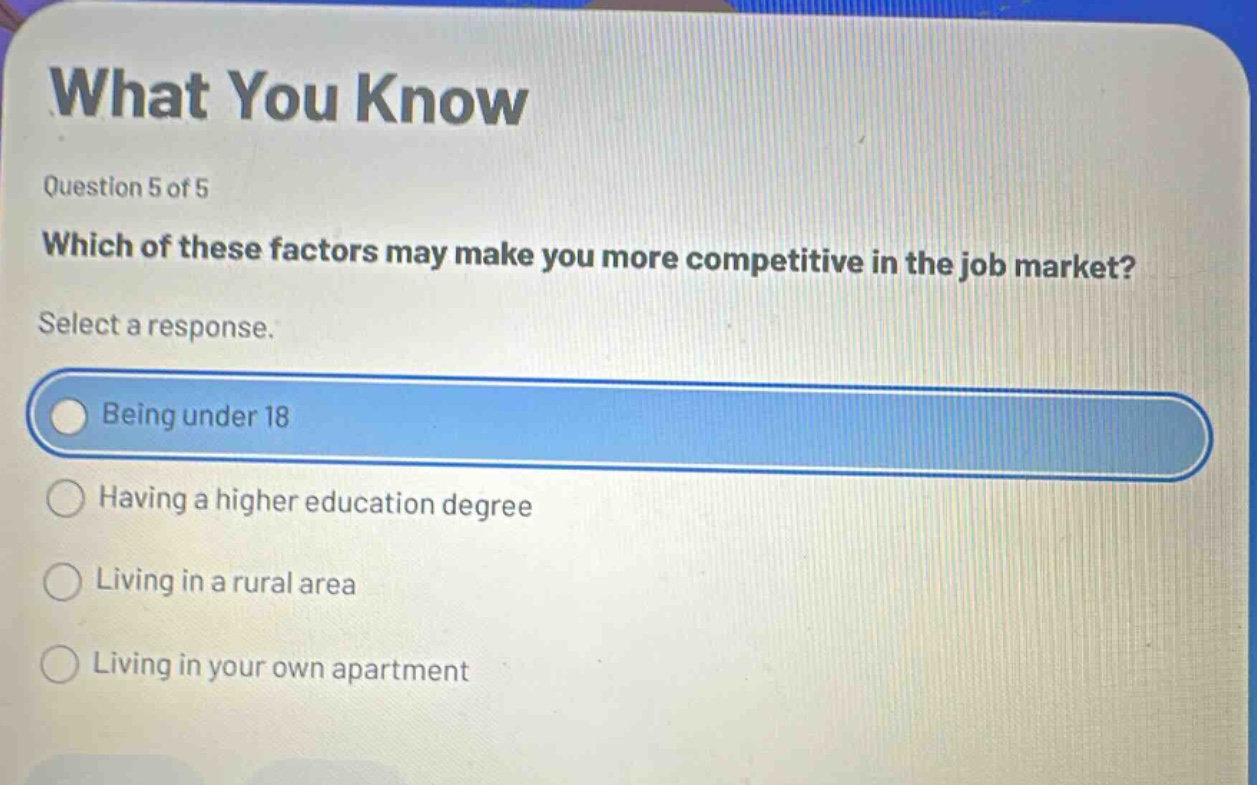what you know\nquestion 5 of 5\nwhich of these factors may make you more competitive in the job market?\nselect a response.\nbeing under 18\nhaving a higher education degree\nliving in a rural area\nliving in your own apartment