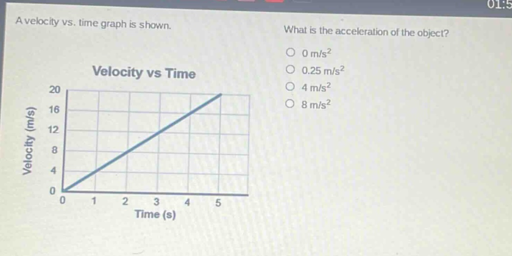 a velocity vs. time graph is shown. what is the acceleration of the object? 0 m/s² 0.25 m/s² 4 m/s² 8 m/s² velocity vs time velocity (m/s) 20 16 12 8 4 0 0 1 2 3 4 5 time (s)