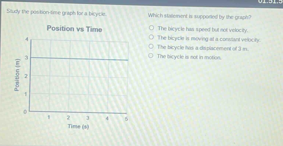study the position - time graph for a bicycle. which statement is supported by the graph? the bicycle has speed but not velocity. the bicycle is moving at a constant velocity. the bicycle has a displacement of 3 m. the bicycle is not in motion. position vs time position (m) 4 3 2 1 0 1 2 3 4 5 time (s)