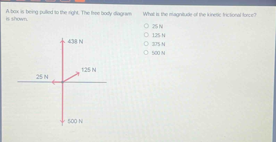 a box is being pulled to the right. the free body diagram is shown. what is the magnitude of the kinetic frictional force? 25 n 125 n 375 n 500 n