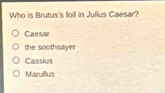 who is brutuss foil in julius caesar?\ncaesar\nthe soothsayer\ncassius\nmarullus