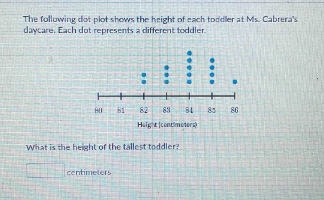 the following dot plot shows the height of each toddler at ms. cabreras daycare. each dot represents a different toddler. what is the height of the tallest toddler? centimeters