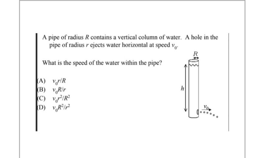 a pipe of radius r contains a vertical column of water. a hole in the pipe of radius r ejects water horizontal at speed v0. what is the speed of the water within the pipe? (a) v0r/r (b) v0r/r (c) v0r²/r² (d) v0r²/r²