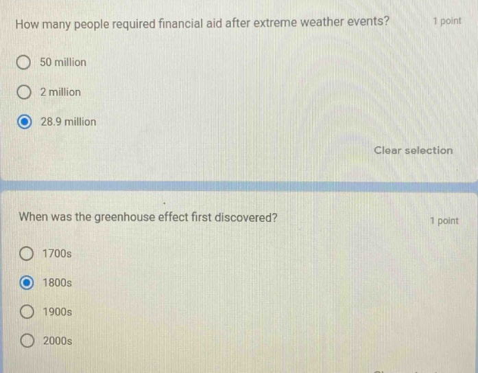 how many people required financial aid after extreme weather events? 1 point 50 million 2 million 28.9 million clear selection when was the greenhouse effect first discovered? 1 point 1700s 1800s 1900s 2000s