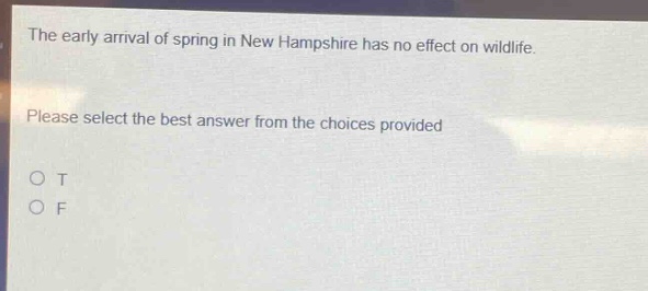the early arrival of spring in new hampshire has no effect on wildlife. please select the best answer from the choices provided o t o f