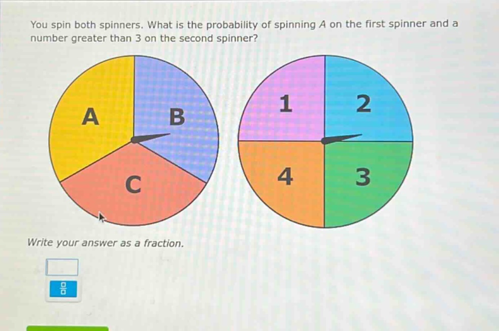 you spin both spinners. what is the probability of spinning a on the first spinner and a number greater than 3 on the second spinner? write your answer as a fraction.