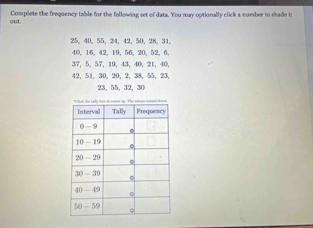 complete the frequency table for the following set of data. you may optionally click a number to shade it out. 25, 40, 55, 24, 42, 50, 28, 31, 40, 16, 42, 19, 56, 20, 52, 6, 37, 5, 57, 19, 43, 40, 21, 40, 42, 51, 30, 20, 2, 38, 55, 23, 23, 55, 32, 30 *click the tally box to count up. the minus counts down. interval tally frequency 0 - 9 10 - 19 20 - 29 30 - 39 40 - 49 50 - 59