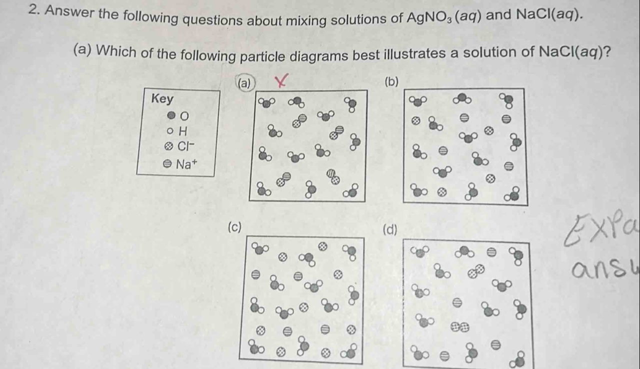 2. answer the following questions about mixing solutions of agno3(aq) and nacl(aq). (a) which of the following particle diagrams best illustrates a solution of nacl(aq)? key o h cl− na+