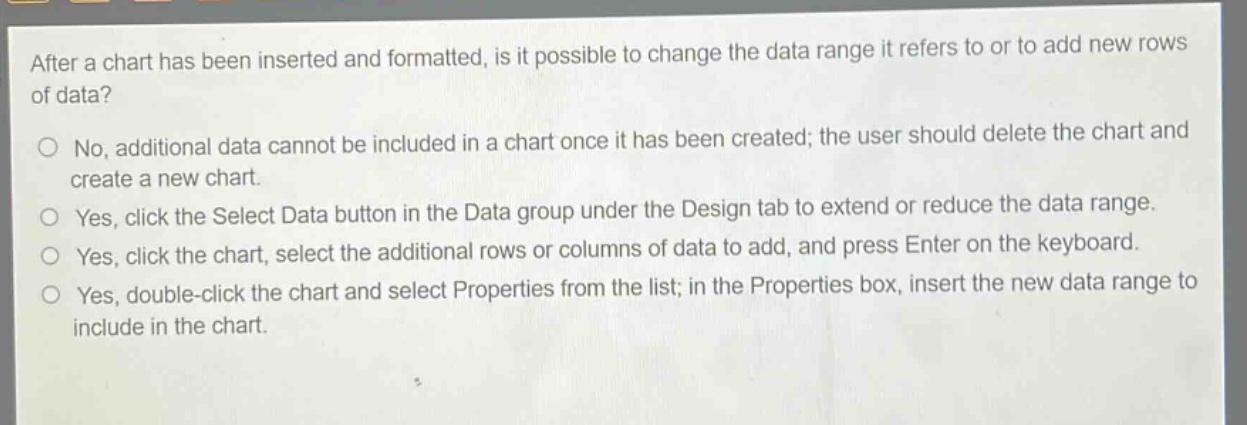 after a chart has been inserted and formatted, is it possible to change the data range it refers to or to add new rows of data?\nno, additional data cannot be included in a chart once it has been created; the user should delete the chart and create a new chart.\nyes, click the select data button in the data group under the design tab to extend or reduce the data range.\nyes, click the chart, select the additional rows or columns of data to add, and press enter on the keyboard.\nyes, double - click the chart and select properties from the list; in the properties box, insert the new data range to include in the chart.