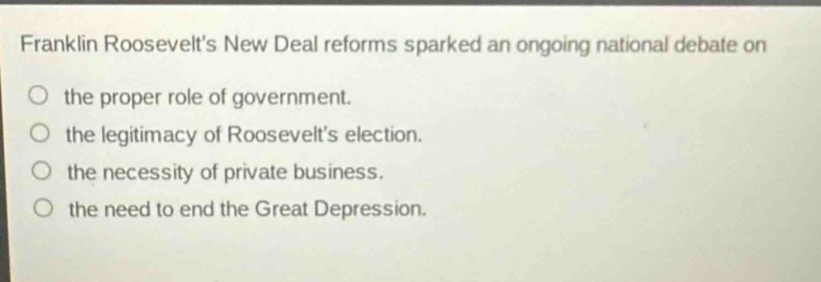franklin roosevelts new deal reforms sparked an ongoing national debate on the proper role of government. the legitimacy of roosevelts election. the necessity of private business. the need to end the great depression.
