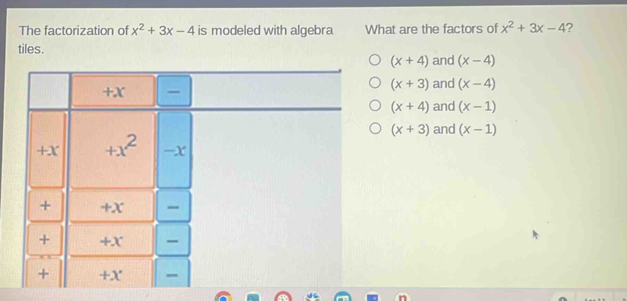 the factorization of x² + 3x - 4 is modeled with algebra tiles. what are the factors of x² + 3x - 4? (x + 4) and (x - 4) (x + 3) and (x - 4) (x + 4) and (x - 1) (x + 3) and (x - 1)
