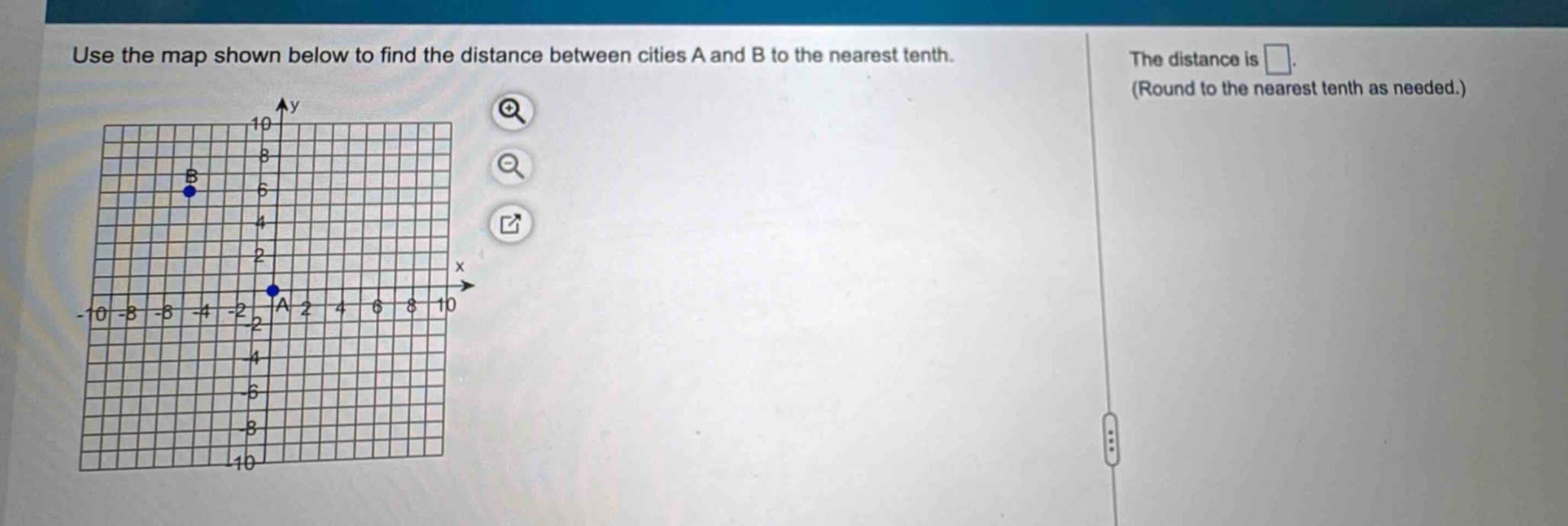 use the map shown below to find the distance between cities a and b to the nearest tenth. the distance is □. (round to the nearest tenth as needed.)