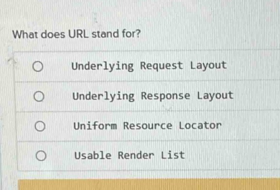 what does url stand for?\nunderlying request layout\nunderlying response layout\nuniform resource locator\nusable render list
