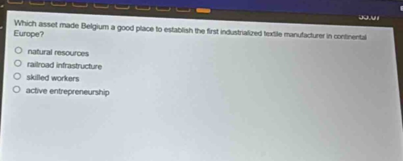 which asset made belgium a good place to establish the first industrialized textile manufacturer in continental europe?\nnatural resources\nrailroad infrastructure\nskilled workers\nactive entrepreneurship