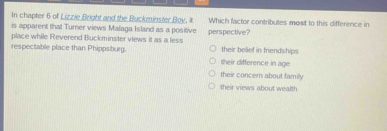 in chapter 6 of lizzie bright and the buckminster boy, it is apparent that turner views malaga island as a positive place while reverend buckminster views it as a less respectable place than phippsburg. which factor contributes most to this difference in perspective? their belief in friendships their difference in age their concern about family their views about wealth