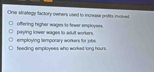 one strategy factory owners used to increase profits involved offering higher wages to fewer employees. paying lower wages to adult workers. employing temporary workers for jobs. feeding employees who worked long hours.