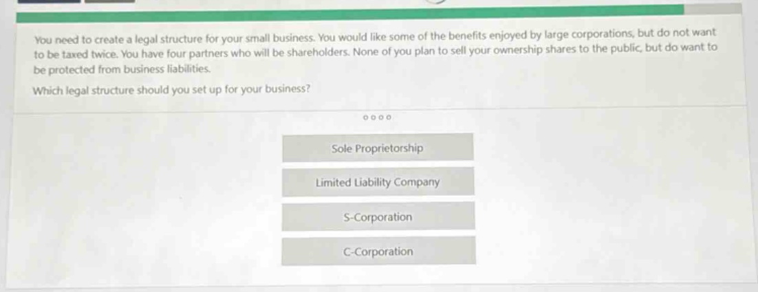you need to create a legal structure for your small business. you would like some of the benefits enjoyed by large corporations, but do not want to be taxed twice. you have four partners who will be shareholders. none of you plan to sell your ownership shares to the public, but do want to be protected from business liabilities. which legal structure should you set up for your business? sole proprietorship limited liability company s - corporation c - corporation