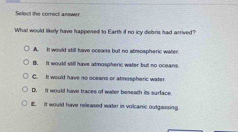 select the correct answer. what would likely have happened to earth if no icy debris had arrived? a. it would still have oceans but no atmospheric water. b. it would still have atmospheric water but no oceans. c. it would have no oceans or atmospheric water. d. it would have traces of water beneath its surface. e. it would have released water in volcanic outgassing.