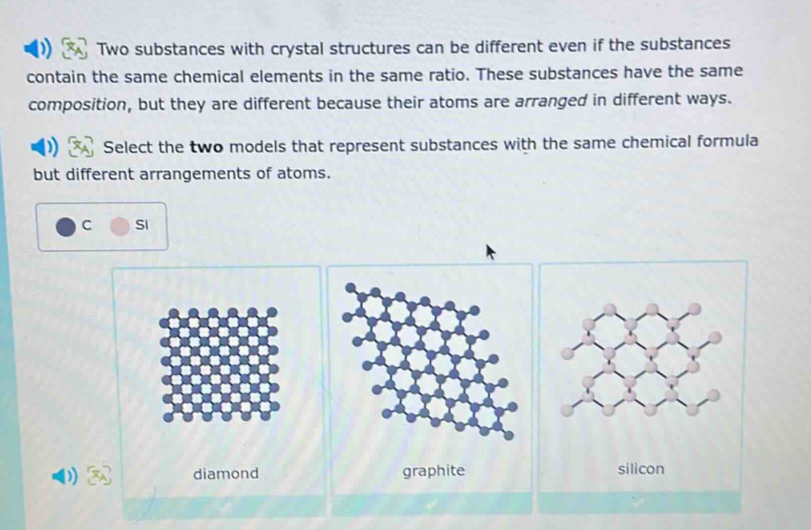 two substances with crystal structures can be different even if the substances contain the same chemical elements in the same ratio. these substances have the same composition, but they are different because their atoms are arranged in different ways. select the two models that represent substances with the same chemical formula but different arrangements of atoms. c si diamond graphite silicon