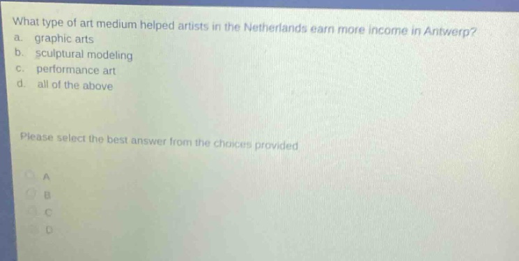 what type of art medium helped artists in the netherlands earn more income in antwerp? a. graphic arts b. sculptural modeling c. performance art d. all of the above please select the best answer from the choices provided