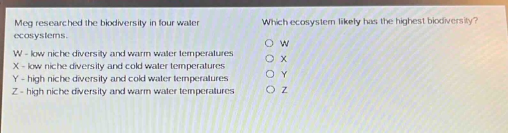 meg researched the biodiversity in four water ecosystems. which ecosystem likely has the highest biodiversity? w - low niche diversity and warm water temperatures x - low niche diversity and cold water temperatures y - high niche diversity and cold water temperatures z - high niche diversity and warm water temperatures