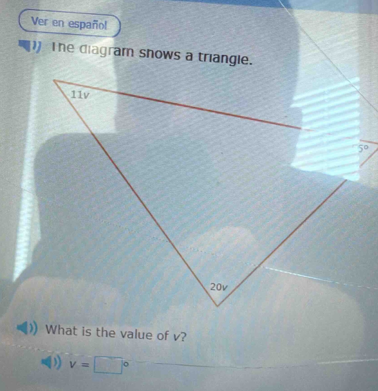 the diagram shows a triangle. what is the value of v? v =
