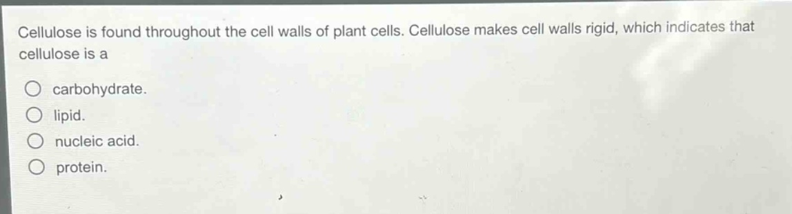 cellulose is found throughout the cell walls of plant cells. cellulose makes cell walls rigid, which indicates that cellulose is a\ncarbohydrate.\nlipid.\nnucleic acid.\nprotein.