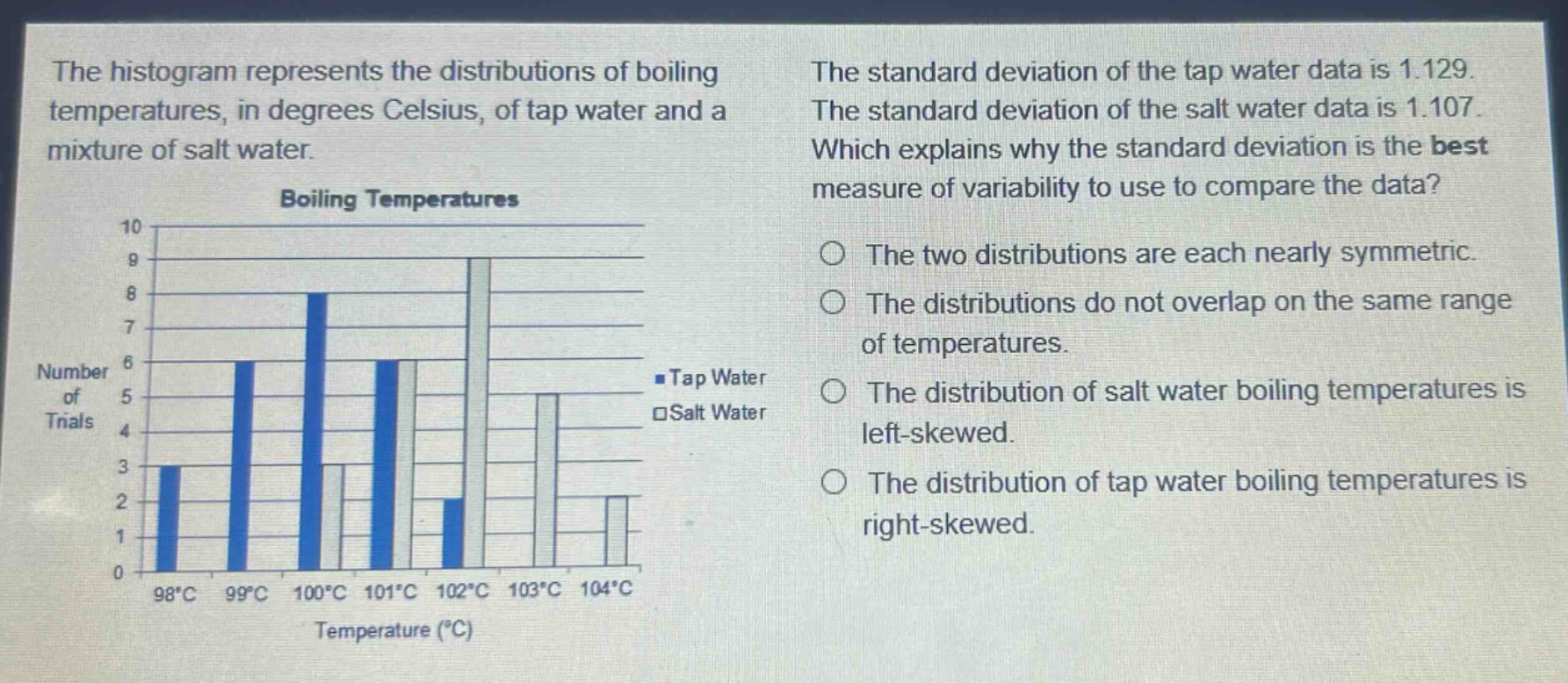 the histogram represents the distributions of boiling temperatures, in degrees celsius, of tap water and a mixture of salt water. the standard deviation of the tap water data is 1.129. the standard deviation of the salt water data is 1.107. which explains why the standard deviation is the best measure of variability to use to compare the data? the two distributions are each nearly symmetric. the distributions do not overlap on the same range of temperatures. the distribution of salt water boiling temperatures is left - skewed. the distribution of tap water boiling temperatures is right - skewed.