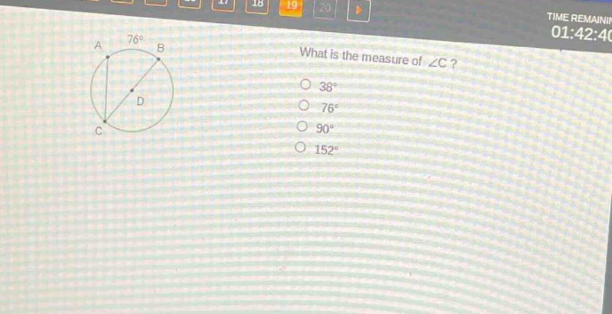 what is the measure of ∠c? 38° 76° 90° 152°