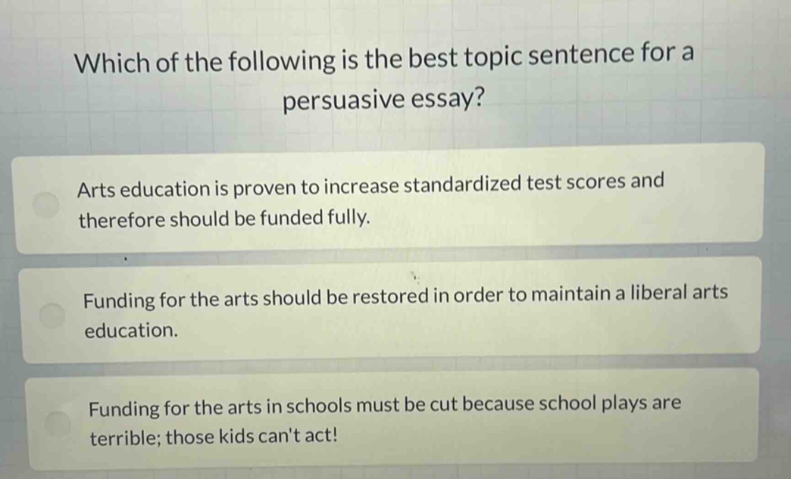 which of the following is the best topic sentence for a persuasive essay? arts education is proven to increase standardized test scores and therefore should be funded fully. funding for the arts should be restored in order to maintain a liberal arts education. funding for the arts in schools must be cut because school plays are terrible; those kids cant act!