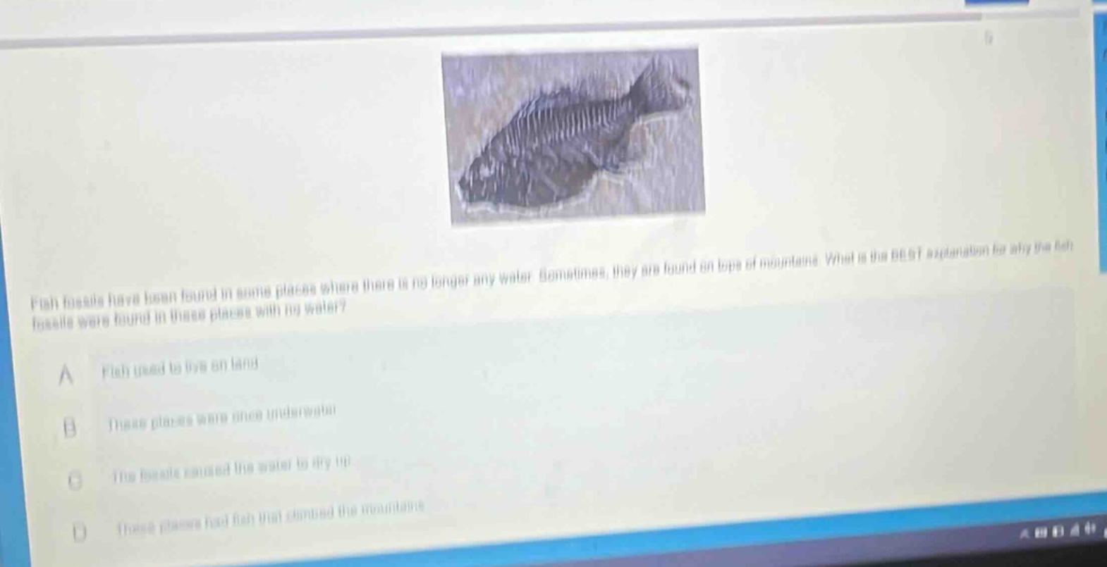 fish fossils have been found in some places where there is no longer any water. sometimes, they are found on tops of mountains. what is the best explanation for why the fish fossils were found in these places with no water? a fish used to live on land b these places were once underwater c the fossils caused the water to dry up d these places had fish that climbed the mountains