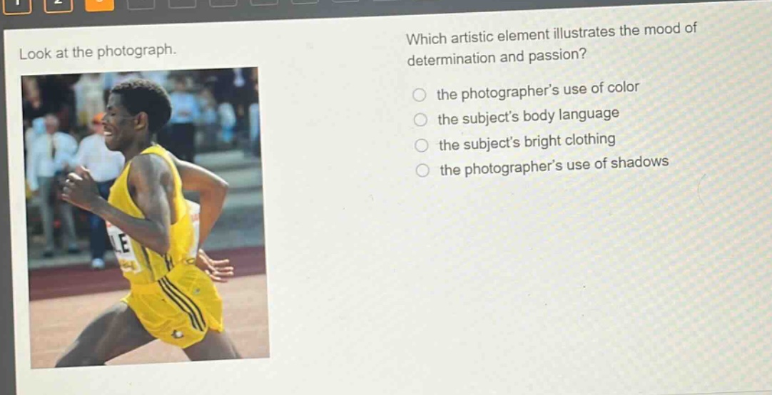 look at the photograph. which artistic element illustrates the mood of determination and passion? the photographer’s use of color the subject’s body language the subject’s bright clothing the photographer’s use of shadows