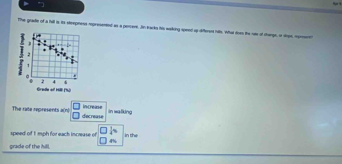 the grade of a hill is its steepness represented as a percent. jin tracks his walking speed up different hills. what does the rate of change, or slope, represent? the rate represents a(n) increase decrease in walking speed of 1 mph for each increase of 1/4% 4% in the grade of the hill.