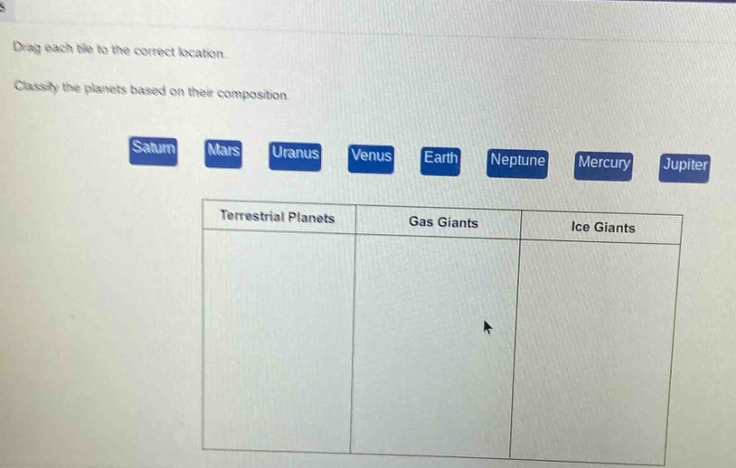 drag each tile to the correct location. classify the planets based on their composition. saturn mars uranus venus earth neptune mercury jupiter terrestrial planets gas giants ice giants
