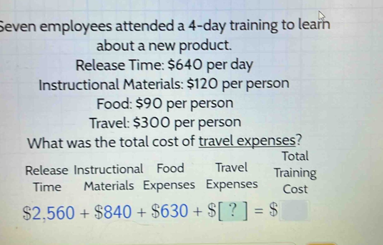 seven employees attended a 4 - day training to learn about a new product. release time: $640 per day instructional materials: $120 per person food: $90 per person travel: $300 per person what was the total cost of travel expenses? total release instructional food travel training time materials expenses expenses cost $2,560 + $840 + $630 + $? = $