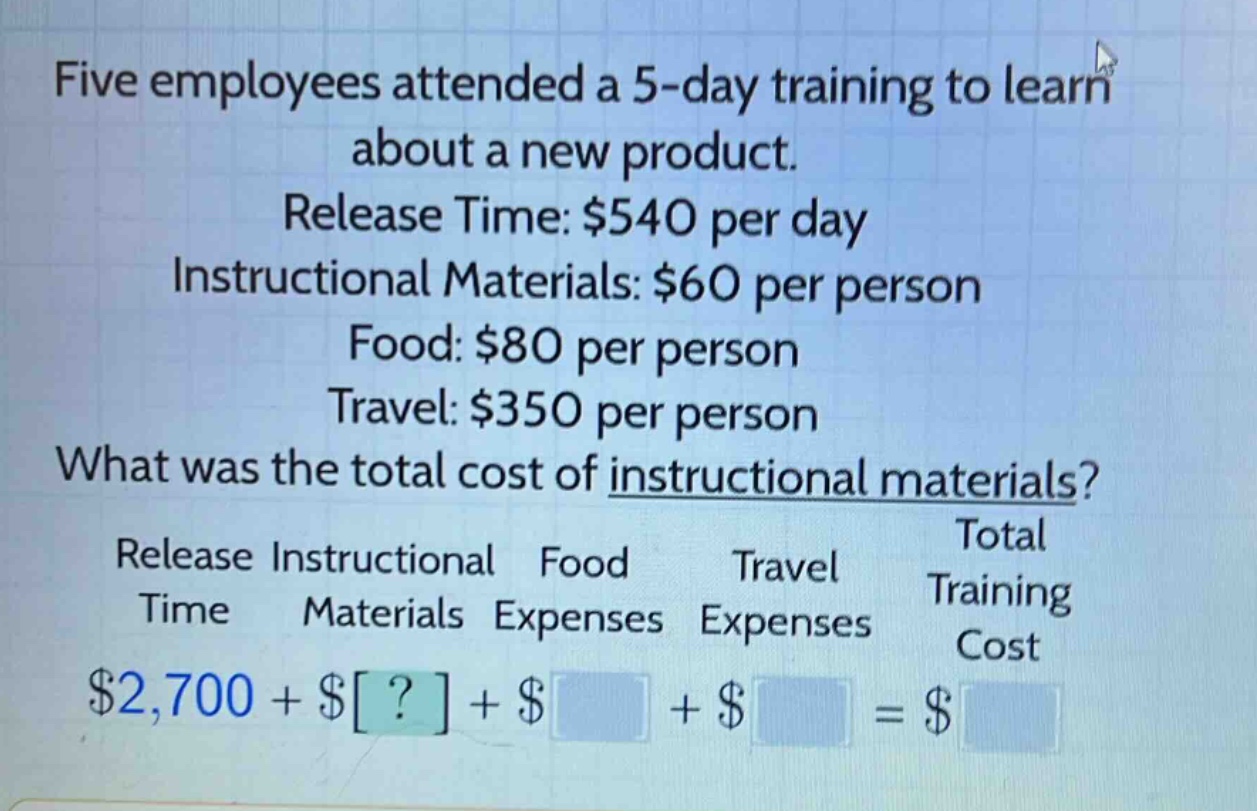 five employees attended a 5 - day training to learn about a new product. release time: $540 per day instructional materials: $60 per person food: $80 per person travel: $350 per person what was the total cost of instructional materials? release instructional food travel total time materials expenses expenses training cost $2,700 + $? + $ + $ = $