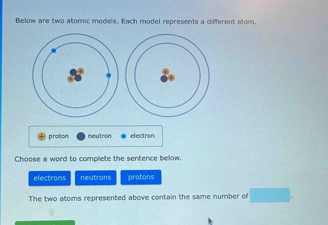 below are two atomic models. each model represents a different atom. choose a word to complete the sentence below. electrons neutrons protons the two atoms represented above contain the same number of